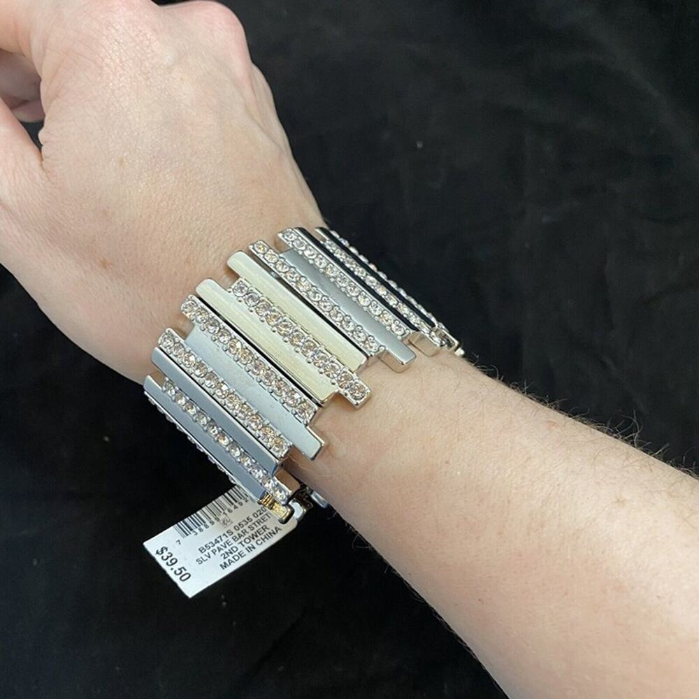 Thalia Sodi NWT Silver Tone Crystal Pave Bar Chunky Stretch Bracelet - Picture 7 of 7